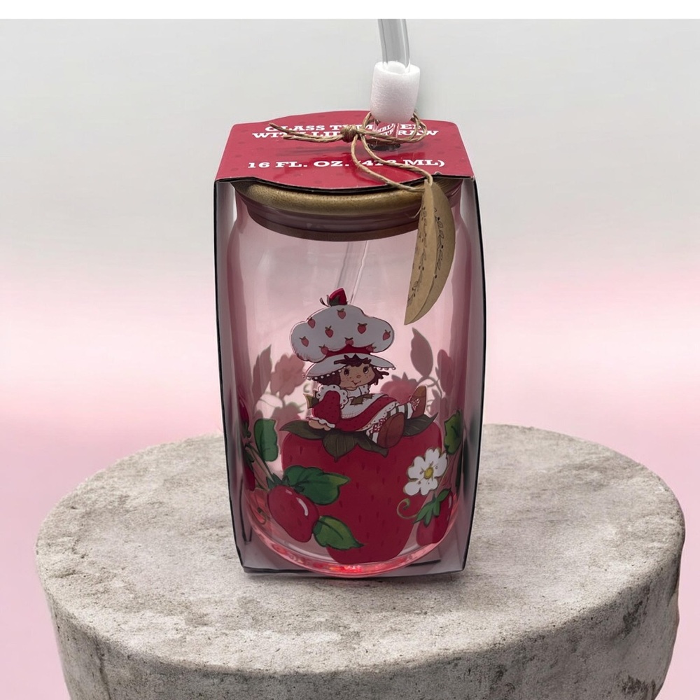 Strawberry Shortcake Glass Tumbler Pink with Bamboo Lid Reusable Straw 16oz